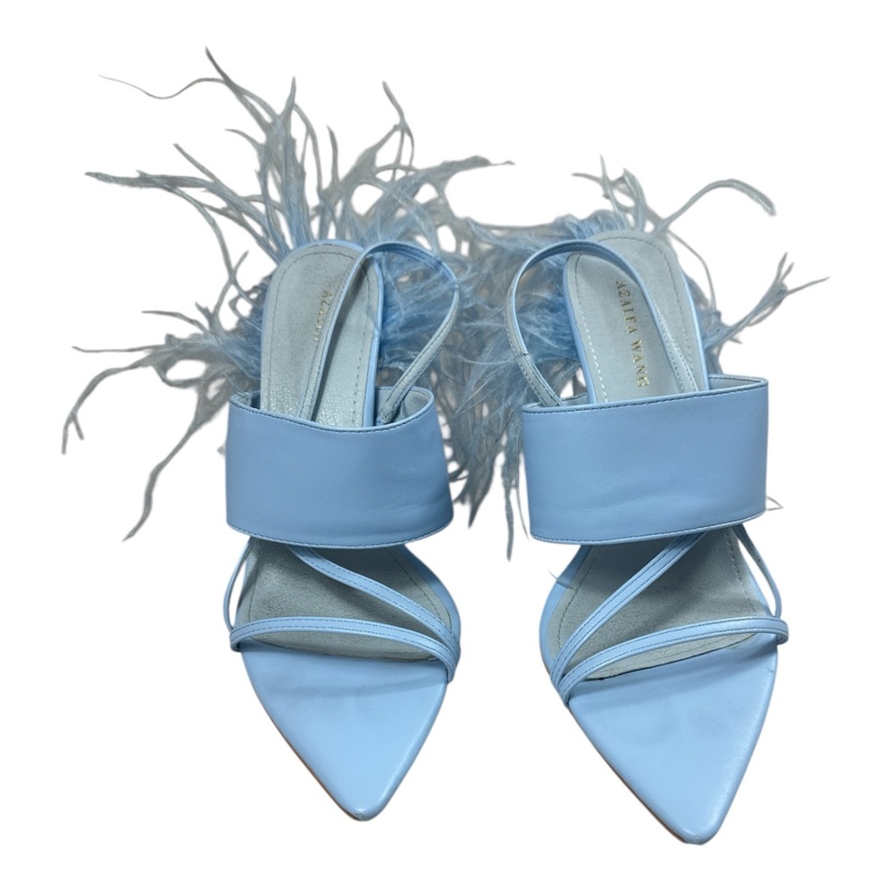 Azalea Wang Chick Feather Decor Pointed Toe Sandal Heel Light Blue Womens Size 9 - Picture 6 of 8